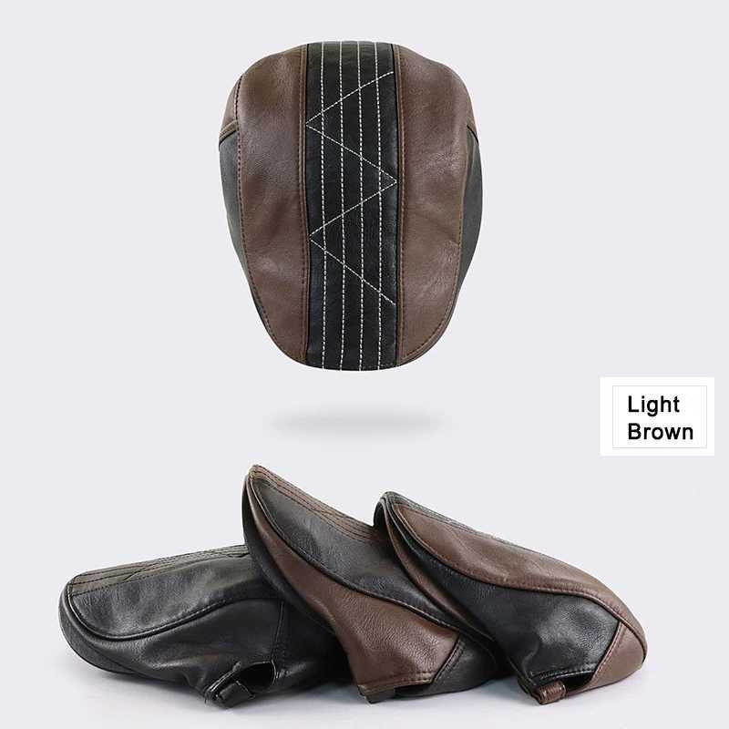 PU Leather Beret Hats for Men Autumn Winter Faux Leather Herringbone Visor Middle-aged Mens Warm Flat Peaked Adjustable XJ250807