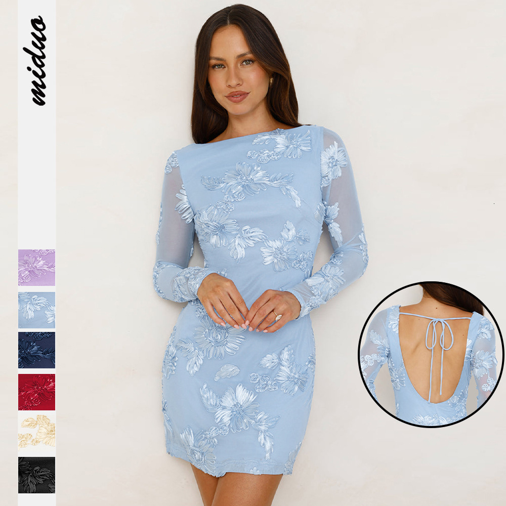 Women's Mesh See-through Floral Embroidery Long Sleeve Elegant Backless Short Dress