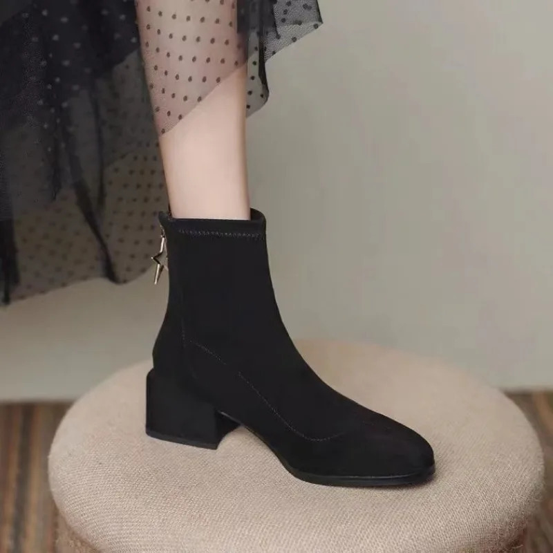Booties Black Womens Ankle Boots Work Elegant with Medium Heels Short Shoes for Woman Suede Sale Gyaru Spring Autumn Footwear 250805