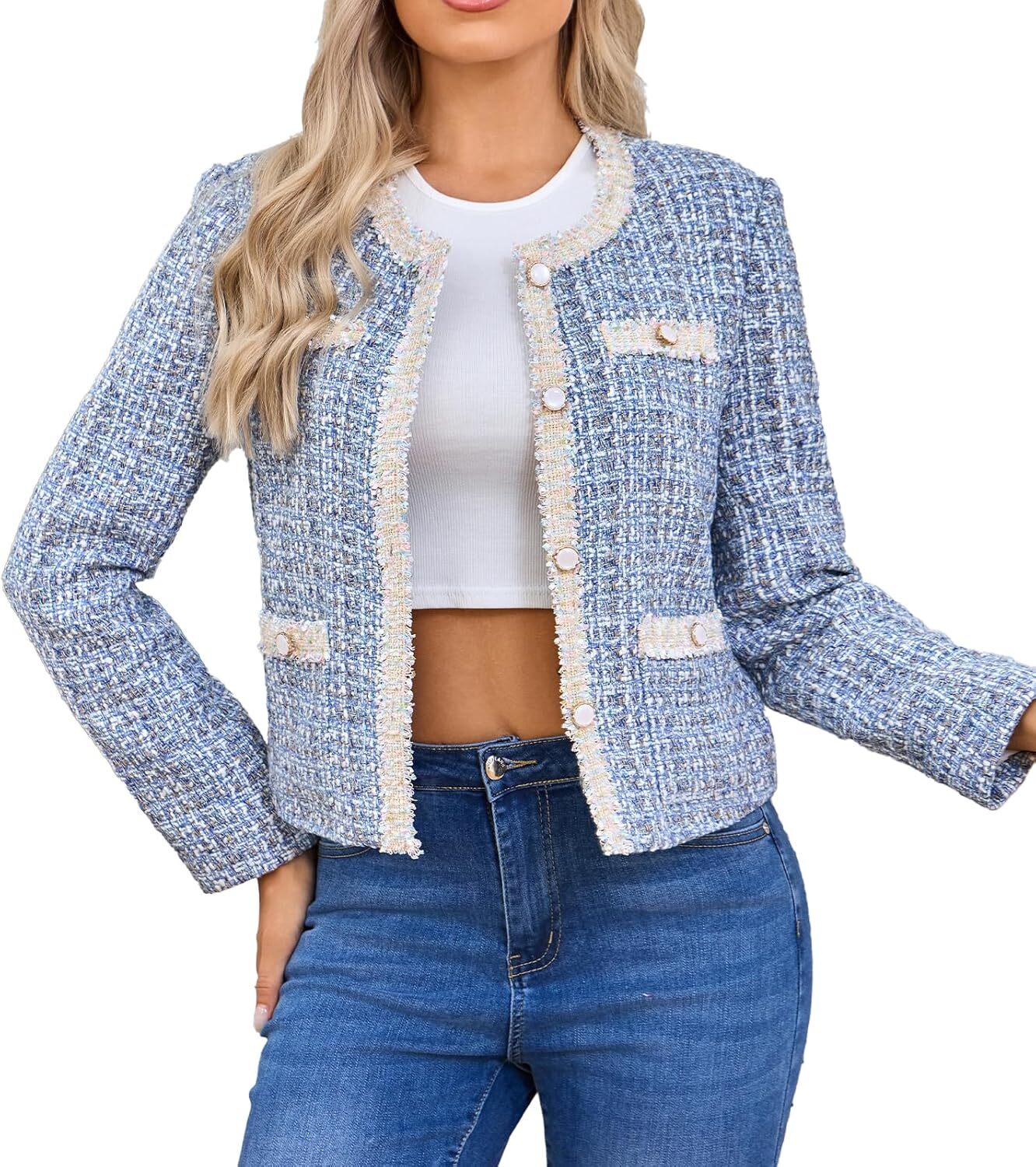 Women's Tweed Blazers Cropped Long Sleeve Crewneck Open Front Lace Trim Lightweight Plaid Work Business Jackets