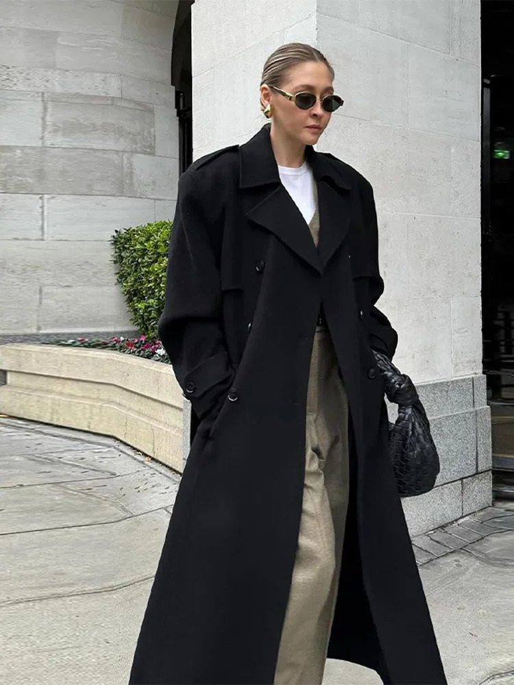 Woolen Breasted Long Coat Women Lapel Double Breasted Casual Pocket Chic Elegant Outwear Autumn Winter Street Lady Overcoat 250805