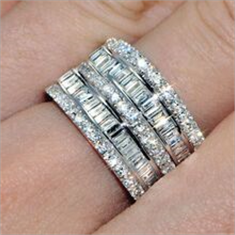 Silver Tone Multi-Band Ring With Round And Baguette-Cut Sparkling Stone Embellishments Glam Evening And Party Accessory Gift For Her Luxurious And Daz