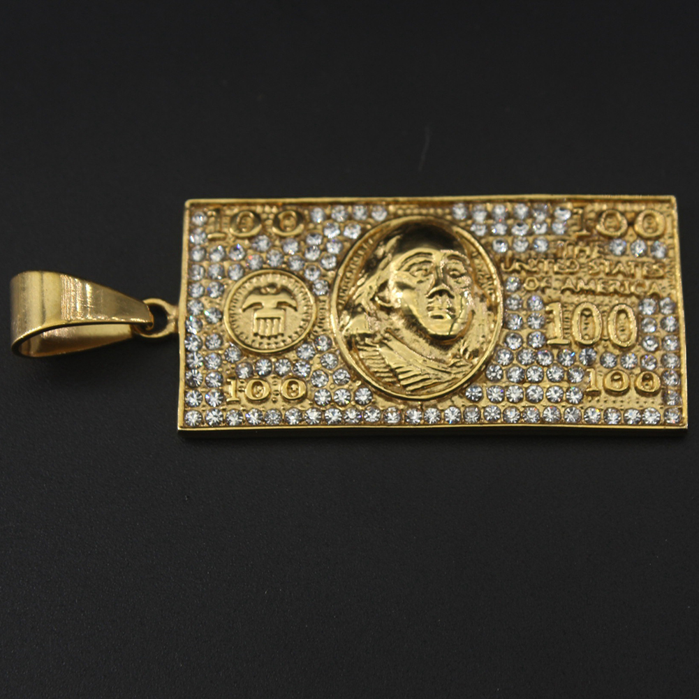 Hip Hop Hundred Dollars Pendant Necklace Stainless Steel Gold Plated Jewelry