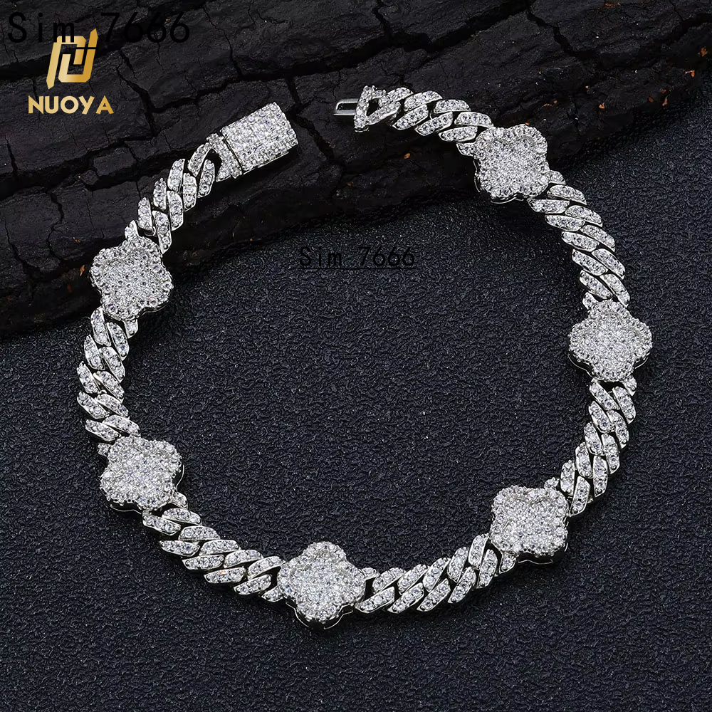 Women Luxury 6MM Cuban Link Chain Bracelet with Four Leaf Clover White Gold Plated Diamond Prong Cuban Link Chain Jewelry