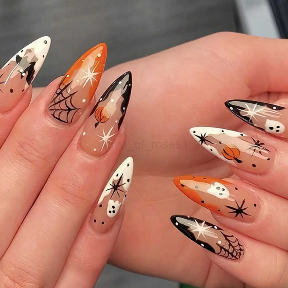 24pcs Fashion Bat Phantom Press-on Nails Art Halloween Round Almond False Nails Sets Wearable Mid-length Fake Nail Tips Manicure Z250807