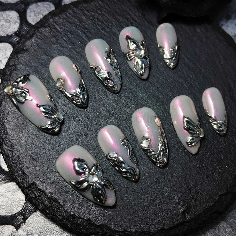 10pcs Handmade Y2K Press-on Nails Reusable Adhesive Almond Powder False Nails Manicure Fake Nails Art Gorgeous Medium-length Tips M250807