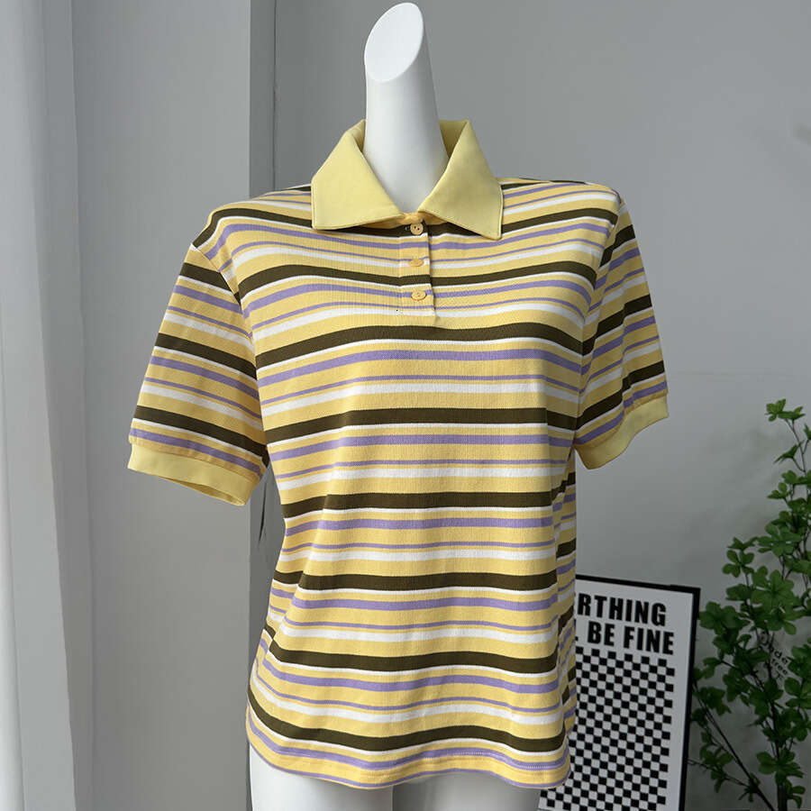 Summer New American Style Color Block Striped Polo Shirt Loose Short Sleeve T-Shirt For Women Ins B5 h7