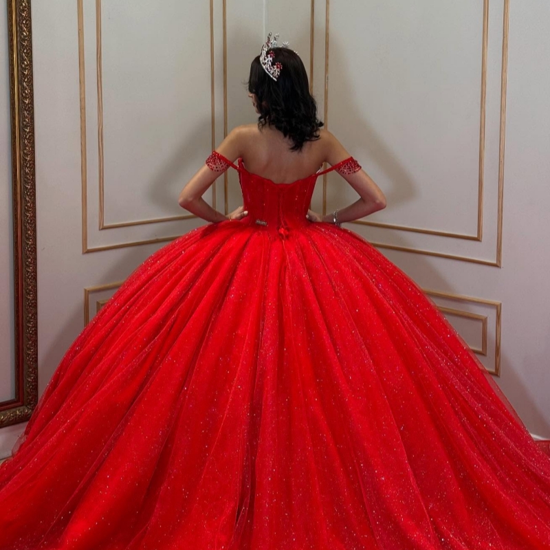 Red Shiny Quinceanera Dresses Ball Gown Off The Shoulder Applique Beading Tull Party Birthday Sweet 16 Dress Vestidos De 15 Anos