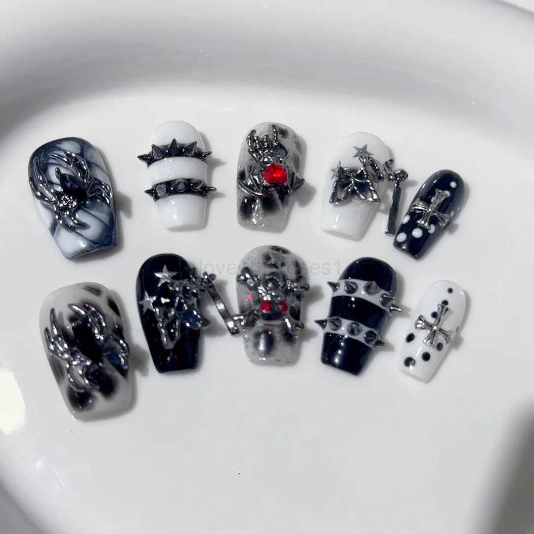 10pcs Handmade Gothic Press on Nails Halloween Design Fake Nail Tips Wearable European Heavy Metal Y2k False Nails Z250807