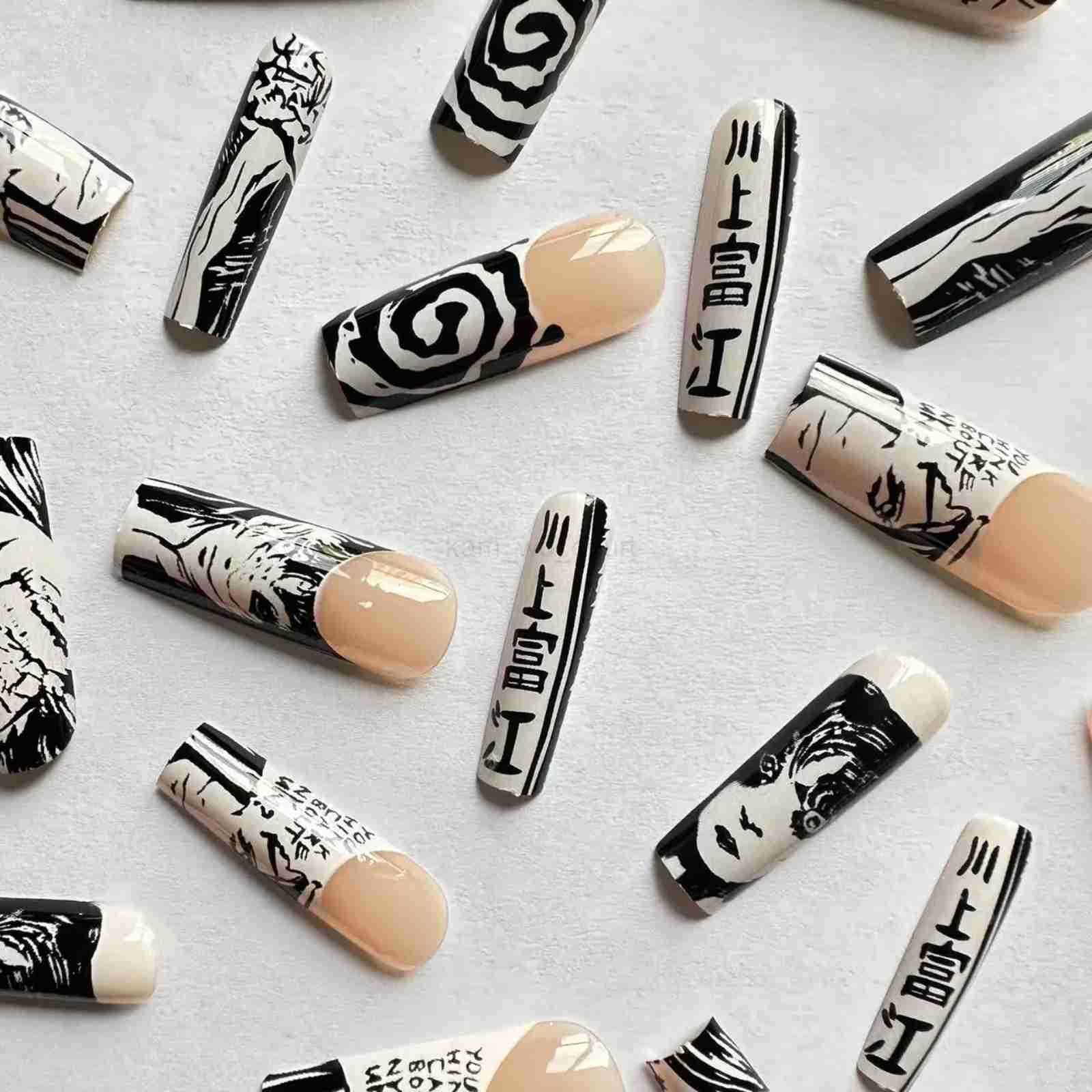 24PCS/Set Almond Pointed Kawakami Tomie Press-on Nails Wearable Artificial Advanced Japanese Comics Pattern Fake Nails for Women M250807