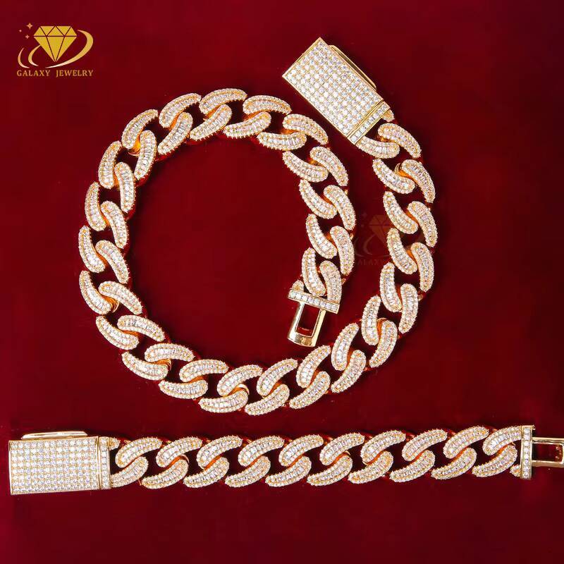 Hip Hop Custom Jewelry 18mm Baguette Rock Cuban Link 925 Silver Moissanite Iced Out Diamond Mens Necklace Bracelet Chain