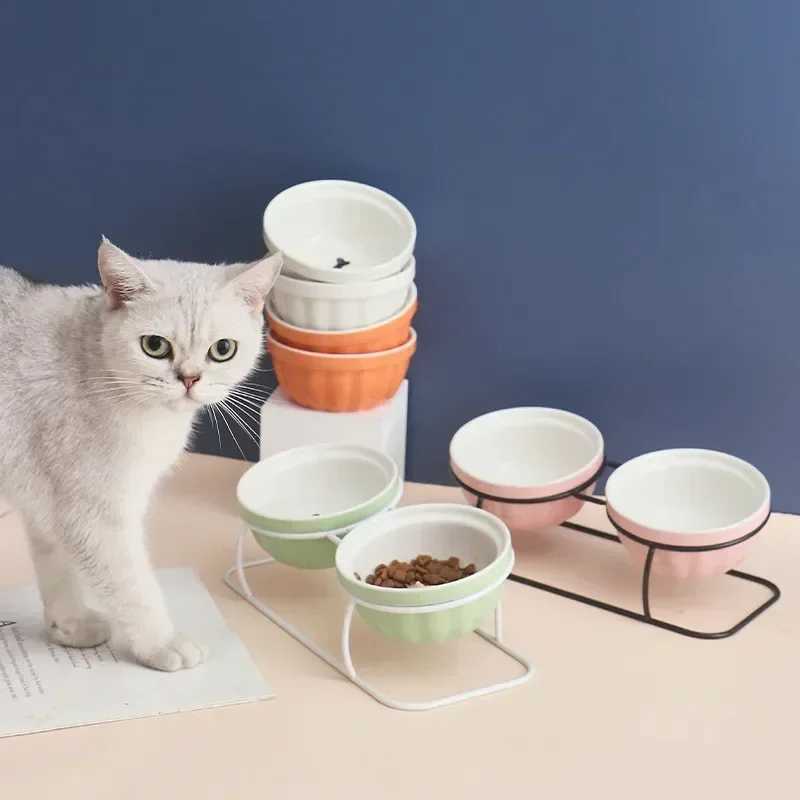 Personality Ceramic Dog Bowl High Foot Oblique Feeder Spine Protection Bone Fish Bone Print Pet Supplies Dogs Accessoires Y250806