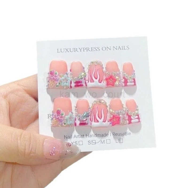10Pcs Summer Trendy Handmade Duck Y2k Press-on Nails French Pink Sparkling Rhinestone Star Design False Short Nail Tips M250807