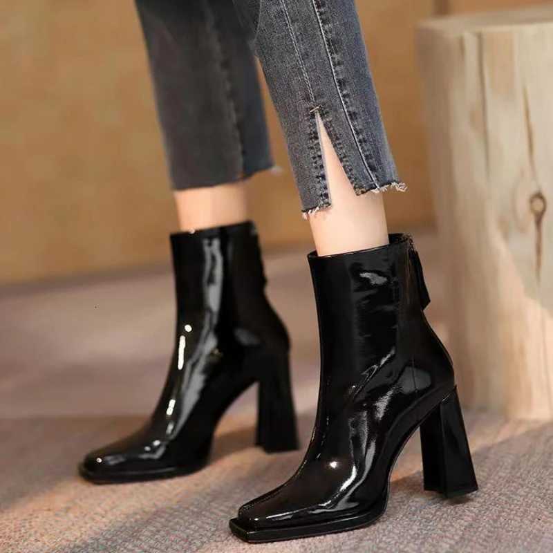 2025 New Autumn Winter Ankle Boots Women High Heel Boots Thick Heel Short Boots Square Shoes Black Shoes XJ250807
