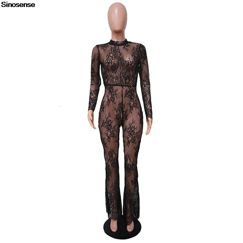 Womens Sheer Mesh See Through Bodycon Black Jumpsuit Long Sleeve Floral Lace One Piece Rompers Y2K Night Out Club Party Outfits 250807