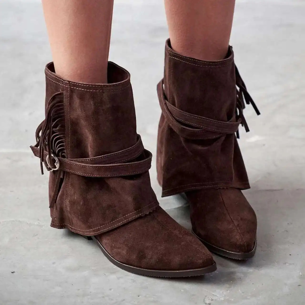 Suede Tassel Western Boots High Heels Womens Short Boots 250805