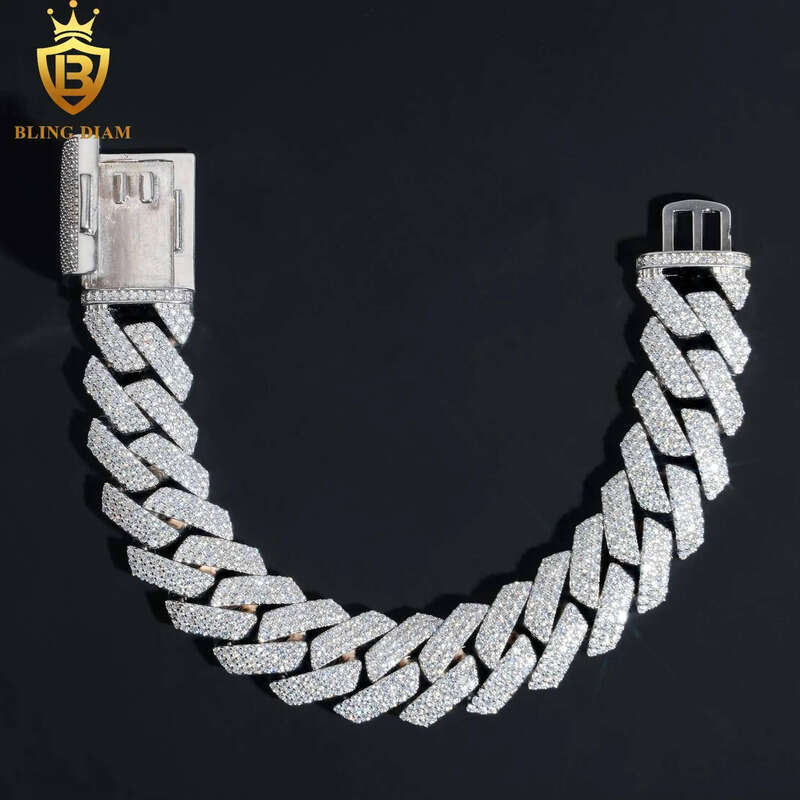 18mm Hip Hop Miami Cuban Link Chain 3Rows Sterling Sier Vvs Moissanite Iced Out Bracelet