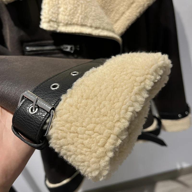 BSK TRAF autumn and winter womens fashion classic style lapel loose zipper decoration warm lamb fur jacket 250804