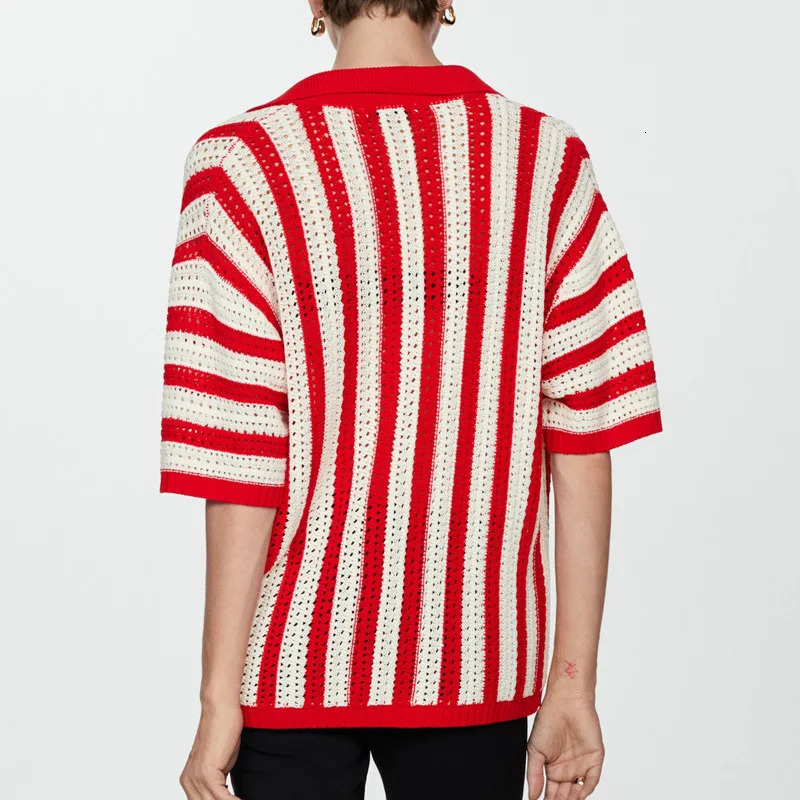 Striped Lapel Cardigan Womens Spring Summer Button Knitted Contrast Short-sleeved Cardigan Street Womens Clothing 250804