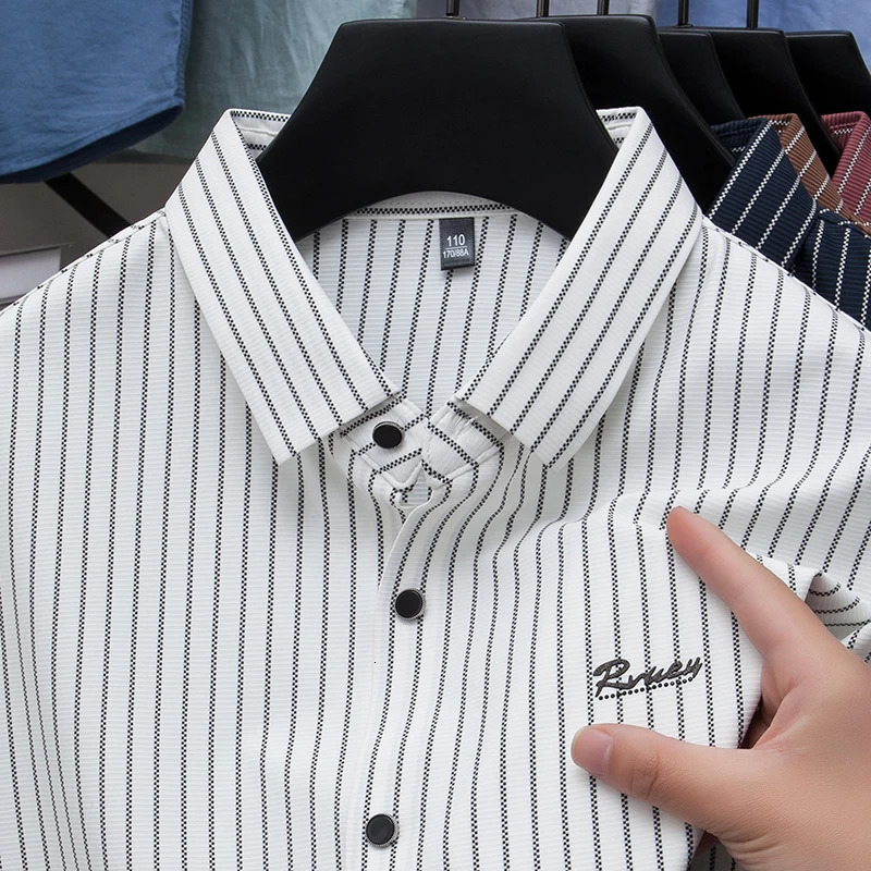 Original High End Mens Polo Shirt Lapel Short Sleeve Summer Striped No Trace Top Business Leisure Versatile Menswear 250807