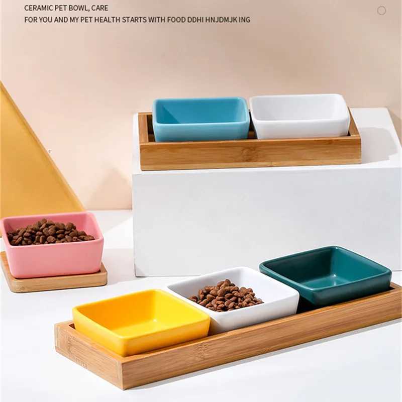 New Ceramic Cat Dog Bowl Puppy Kitten Anti Tipping Feeder with Wooden Tray Square Pet Food Dish Multiple Colors Dog Accessories Y250806