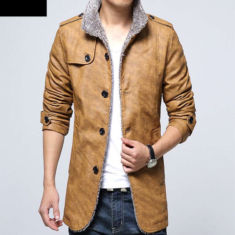 Men's Clothing Large Size Casual Fashion PU Leather Coat Stand Fur Collar Plus Veet Thickening