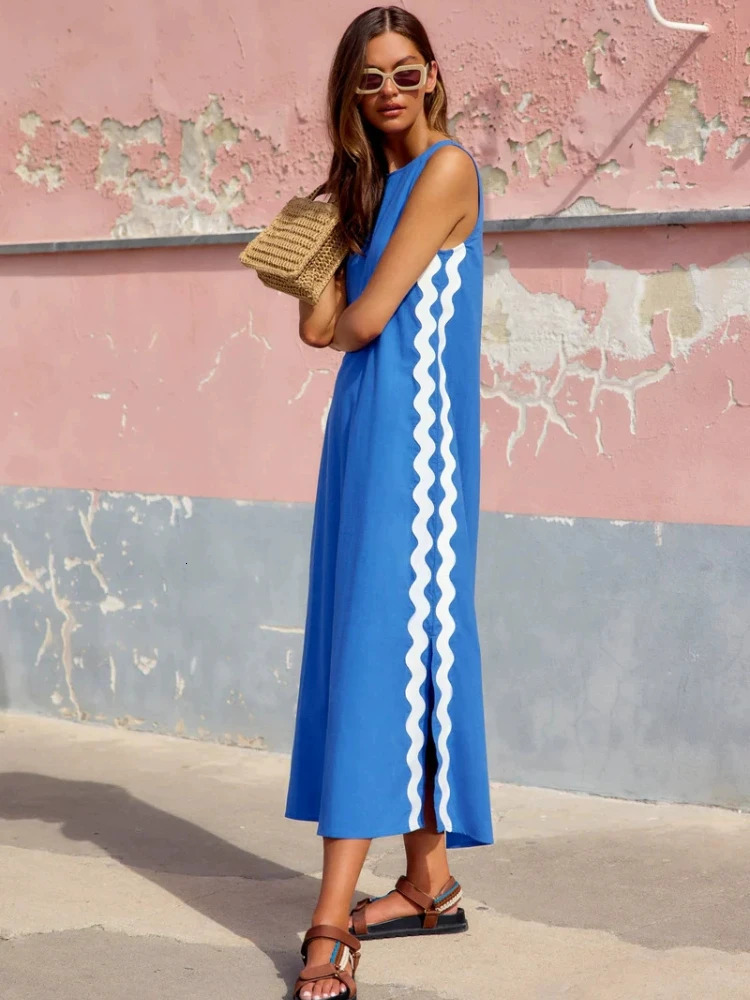 Summer Fashion Womens Beach Vacation Style Solid Color Elegant Dress Bohemian Spliced Sleeveless Sexy Robe 250807