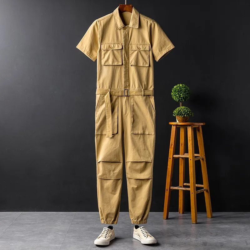 Summer Solid Short Sleeve Pockets Mens Jumpsuits Casual Full Length Pants Costumes Loose Unisex Fashion Cargo Overalls 250804