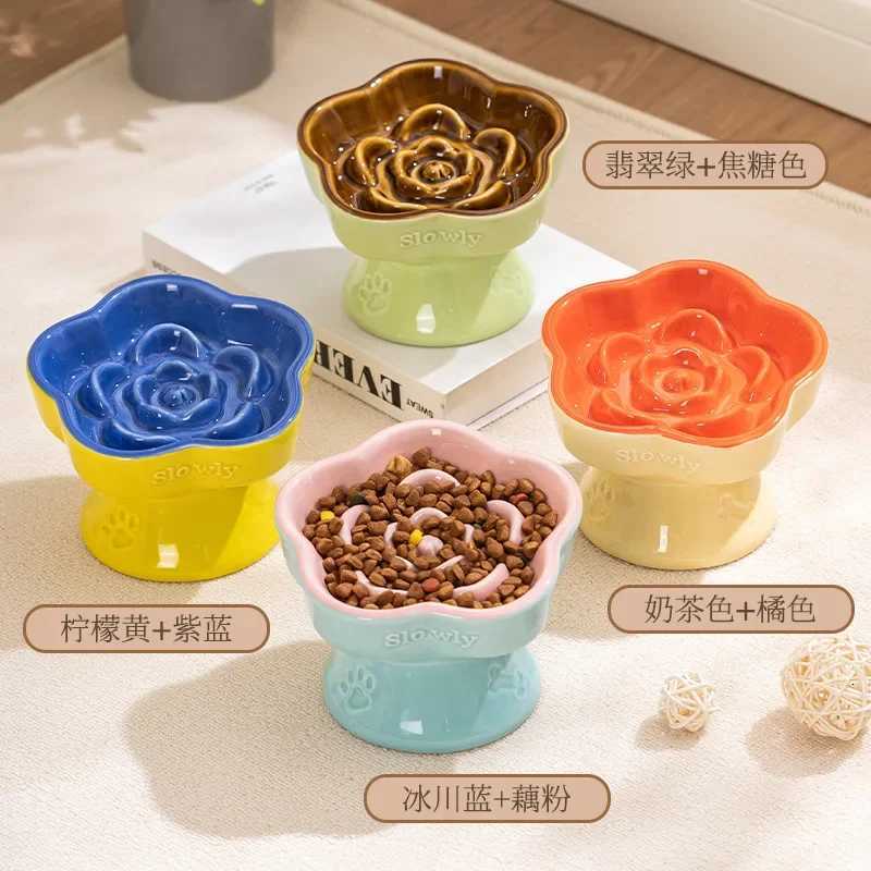 Pet Slow Food Bowl Tall Ceramic Cat Bowl Dog Bowl Small Dog and Cat Anti-choking Slow Food Anti-knock Over Neck Protection Y250806