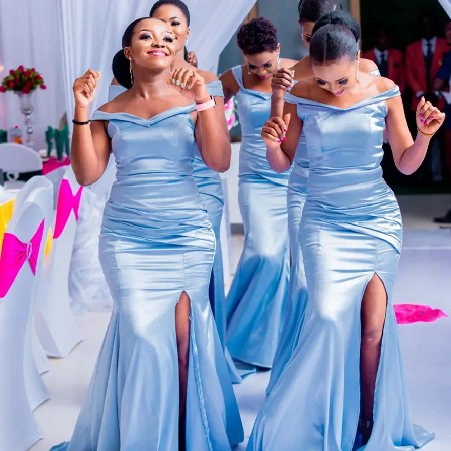 Skyblue Mermaid Bridesmaid Dresses Off Shoulder High Split Elastic Satin Sexy Promdress Abito Donna Cerimonia Gowns Formal Evening Gown Wedding Guest 