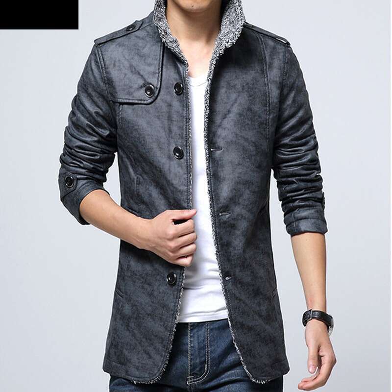 Men's Clothing Large Size Casual Fashion PU Leather Coat Stand Fur Collar Plus Veet Thickening