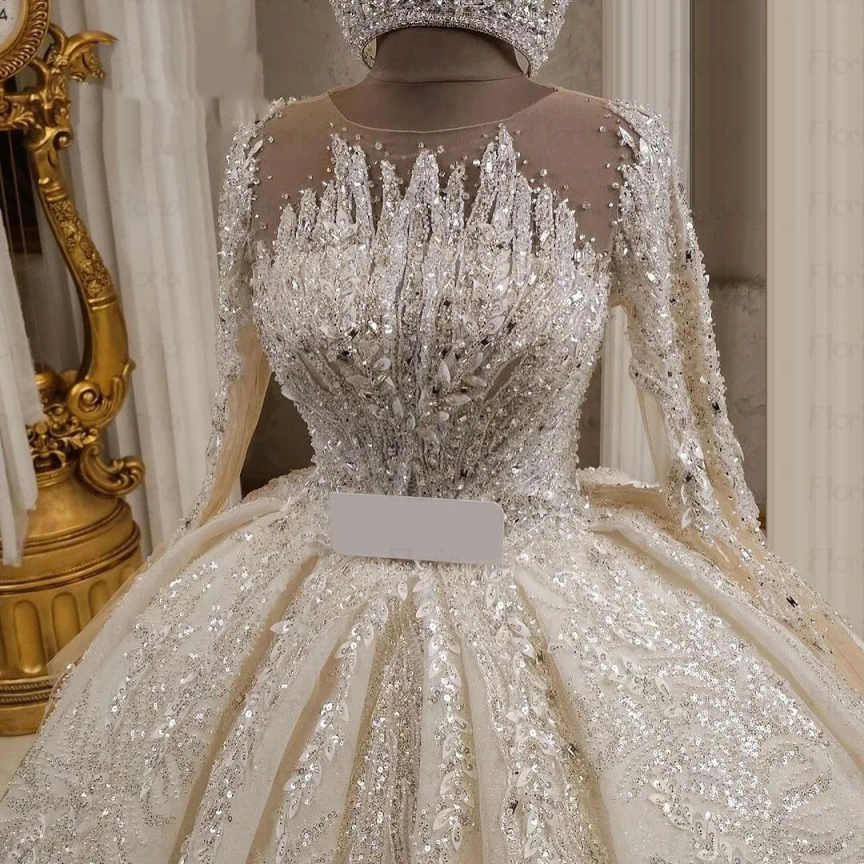 Ivory Gorgeous Ball Gown Wedding Dress Princess Long Sleeve Nude Neck Bridal Gowns Wedding Dress Custom Made Bridal Plus Size Vestidos De Novia