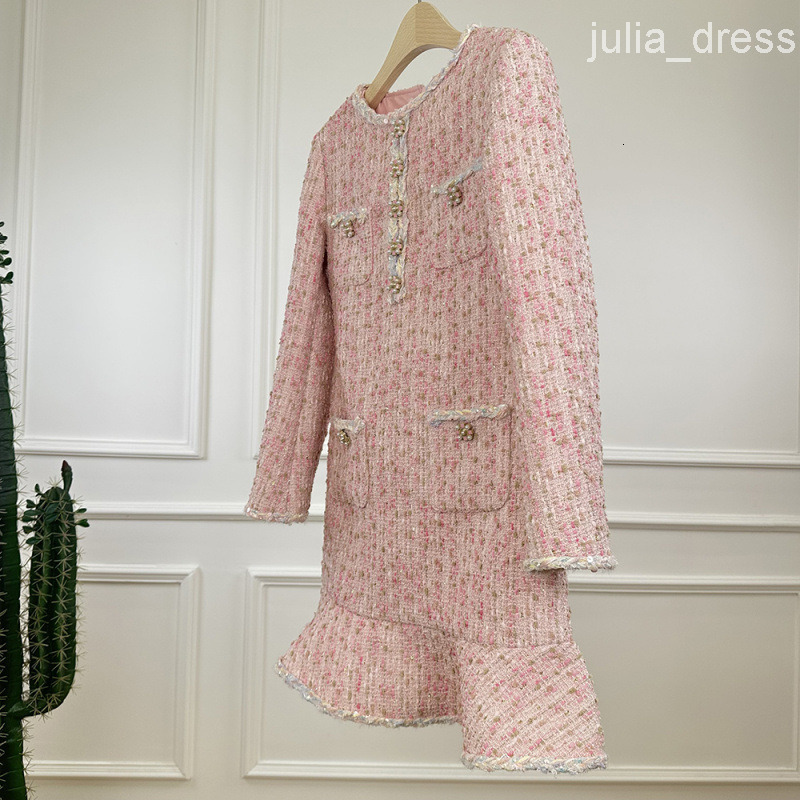 Pink Gentle Elegance Style Slimming Long Sleeve Dress Tweed Handmade Lace Mermaid Dress