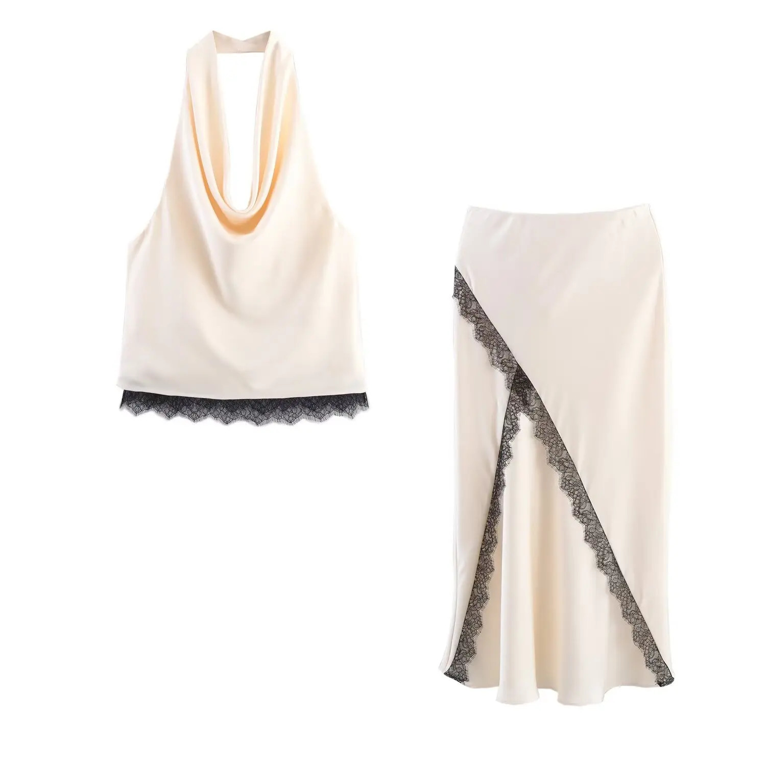 MYST ZA Summer Arrivals Womens Clothing Lace Decorated Satin Halter Collar Top Midi Skirt Set 250807