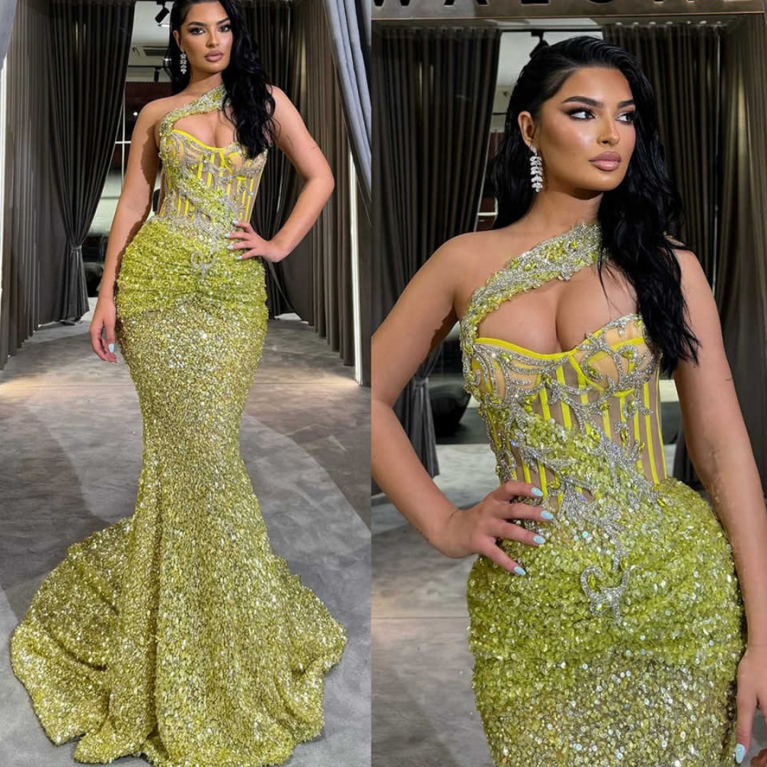Exquisite Mermaid Evening Dresses One Shoulder Crystal Beading Prom Gowns Sleeveless Sequins Formal Party Dresses Customized