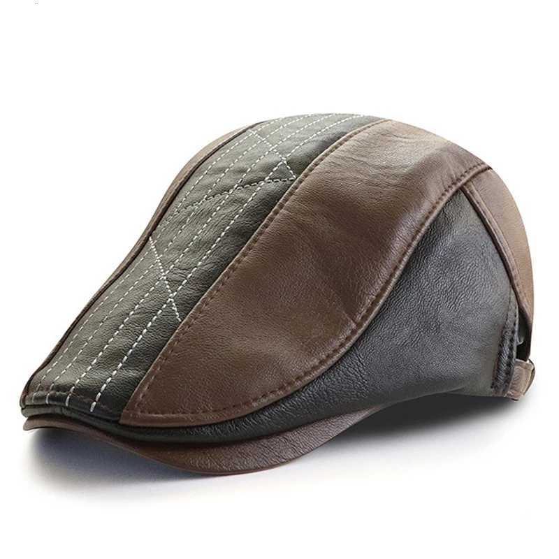 PU Leather Beret Hats for Men Autumn Winter Faux Leather Herringbone Visor Middle-aged Mens Warm Flat Peaked Adjustable XJ250807