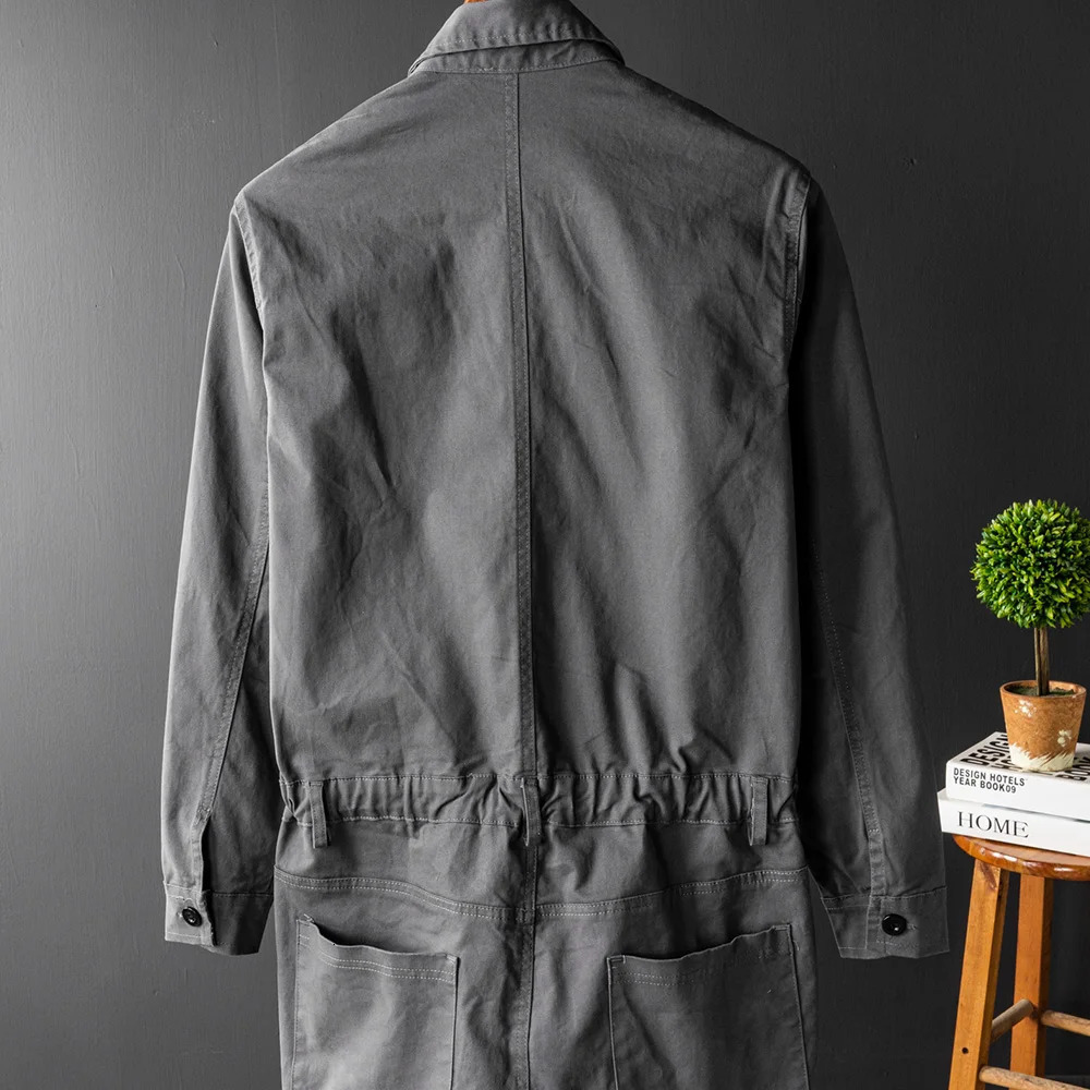 Men Gray Jumpsuits Long Sleeve Adjustable Waist Overalls Pockets Coveralls 250804