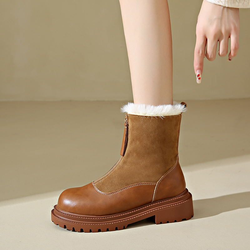 Retro Plus Size 35-42 Chunky Sole Martin Boots Women New 2025 Autumn Winter Round Toe Fleece Lined Fashion Boots Patchwork Thick Heel Ankle Boots Free