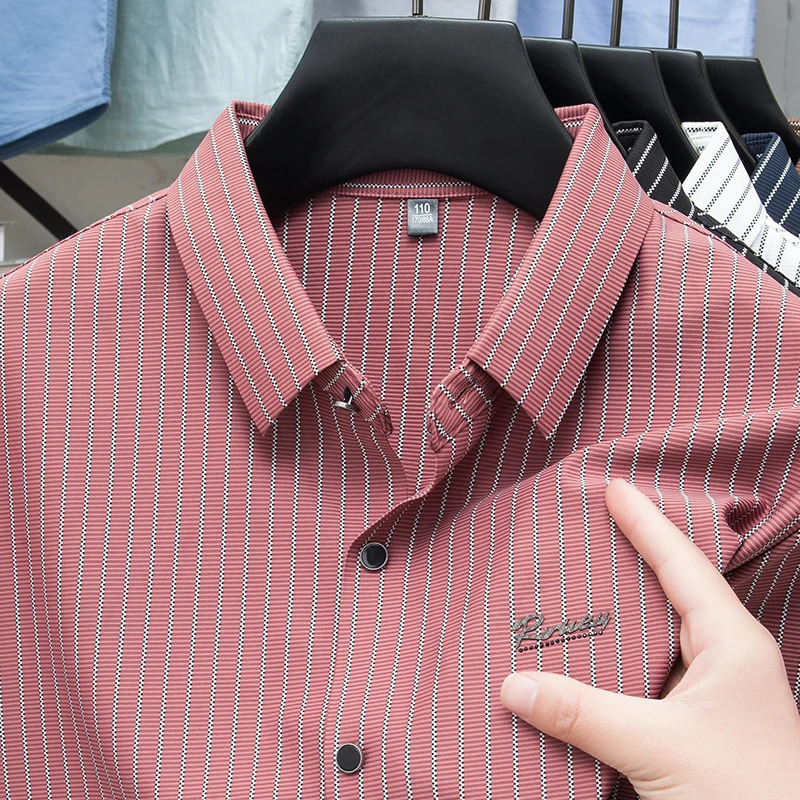 Original High End Mens Polo Shirt Lapel Short Sleeve Summer Striped No Trace Top Business Leisure Versatile Menswear 250807