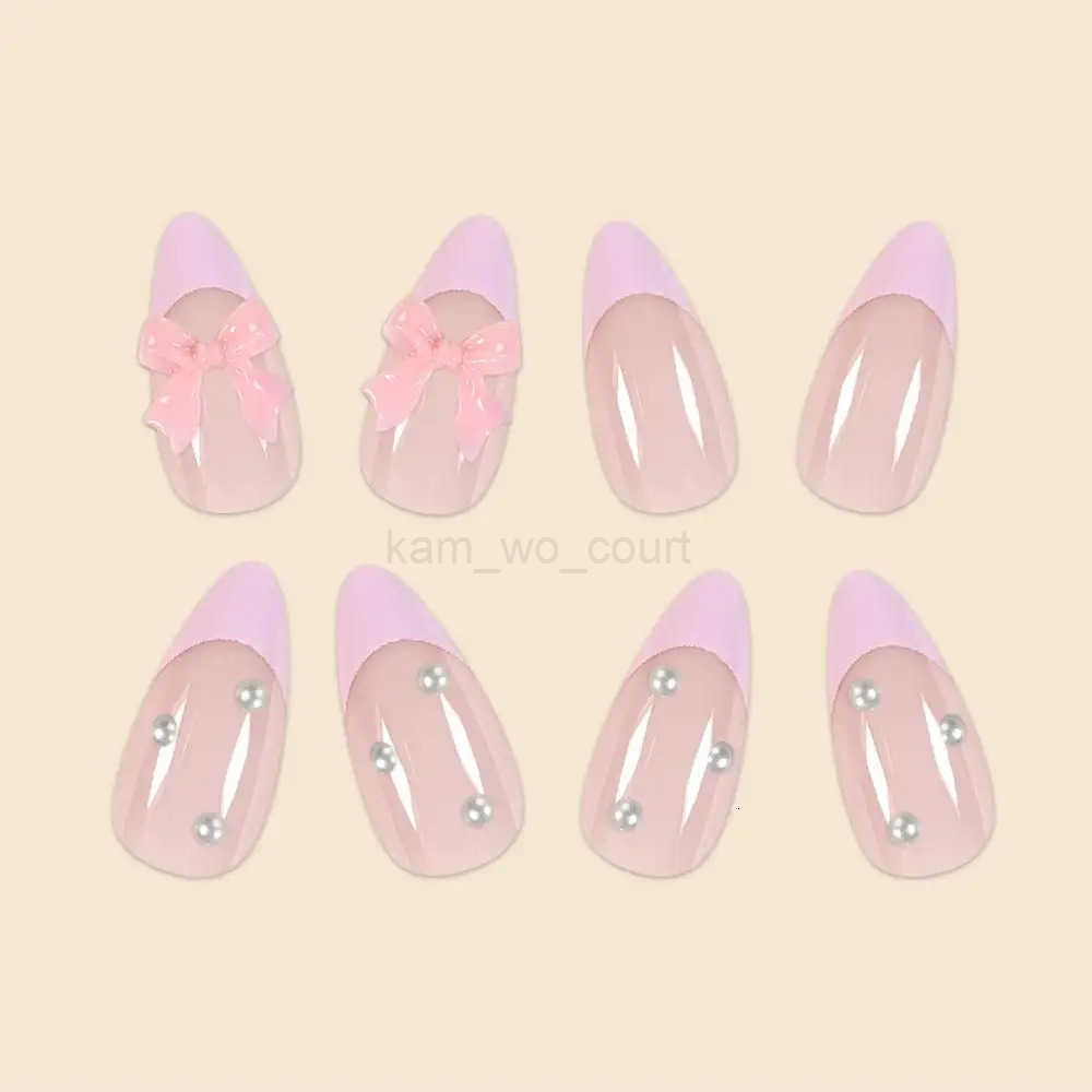 New Arrivals 24Pcs Short Size French Water Droplet Pink Edges and Pearl Bows Girls Women Wearable Fake Nails Set M250807