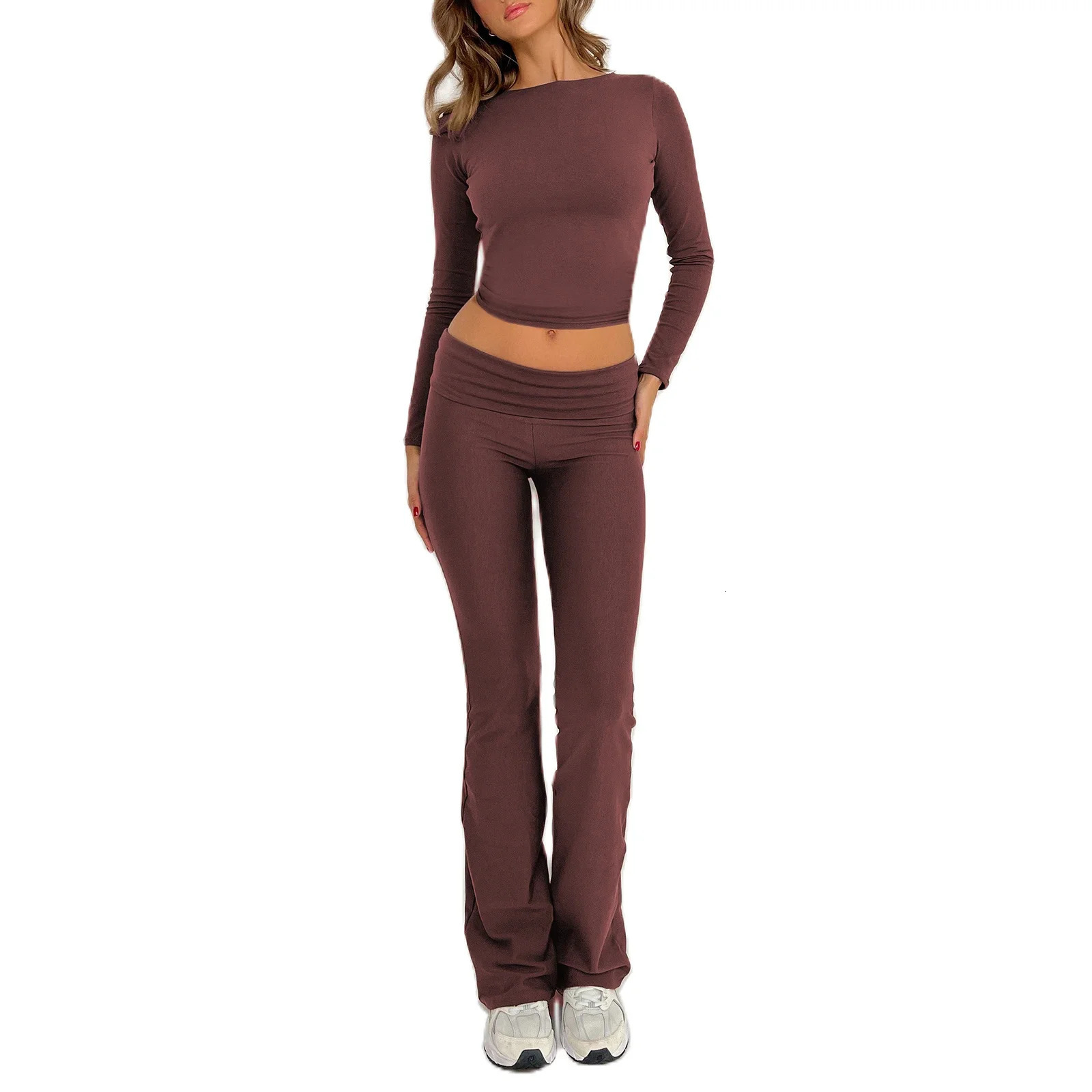 Imcute Womens Basic Two Piece Outfits Long Sleeve Crop Top Fold Over Leggings Flare Pants Set Matching 2 Piece Lounge Sets 250807