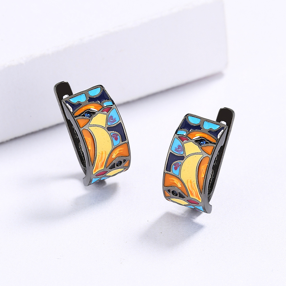 Black Tone Enamel Painted Stained Glass-Inspired Hoop Earrings With Colorful Pattern Artistic And Vintage Outfit Accessory Gift For Her Unique Eye-Cat