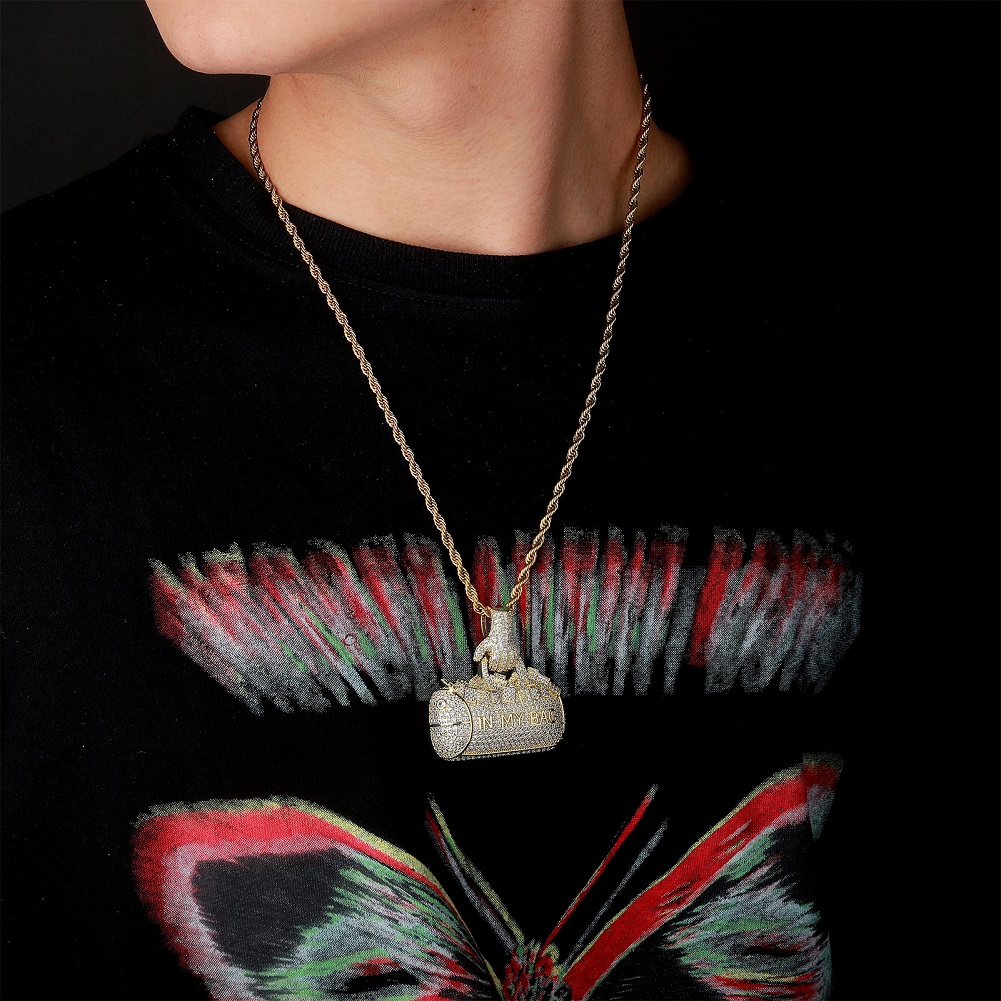 Hip Hop IN MY BAG 3D Handbag Pendant Necklace 5A Zircon Real Gold Plated Jewelry