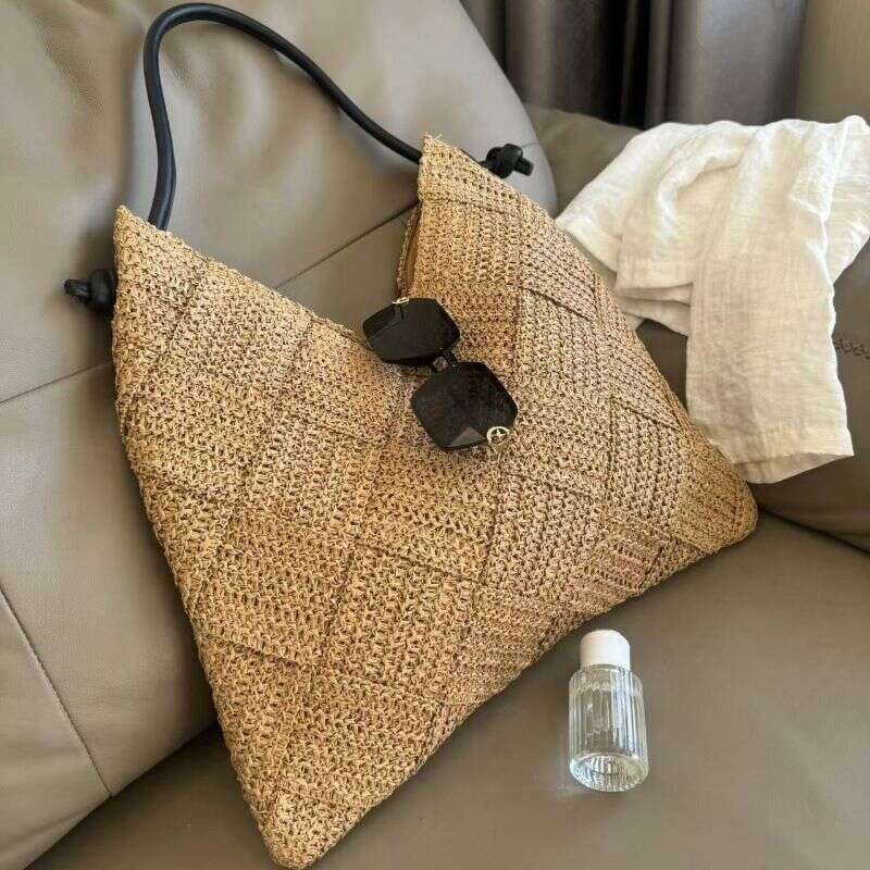 Casual hollow one shoulder cotton new lazy style hand held straw woven seaside holiday beach women's bag