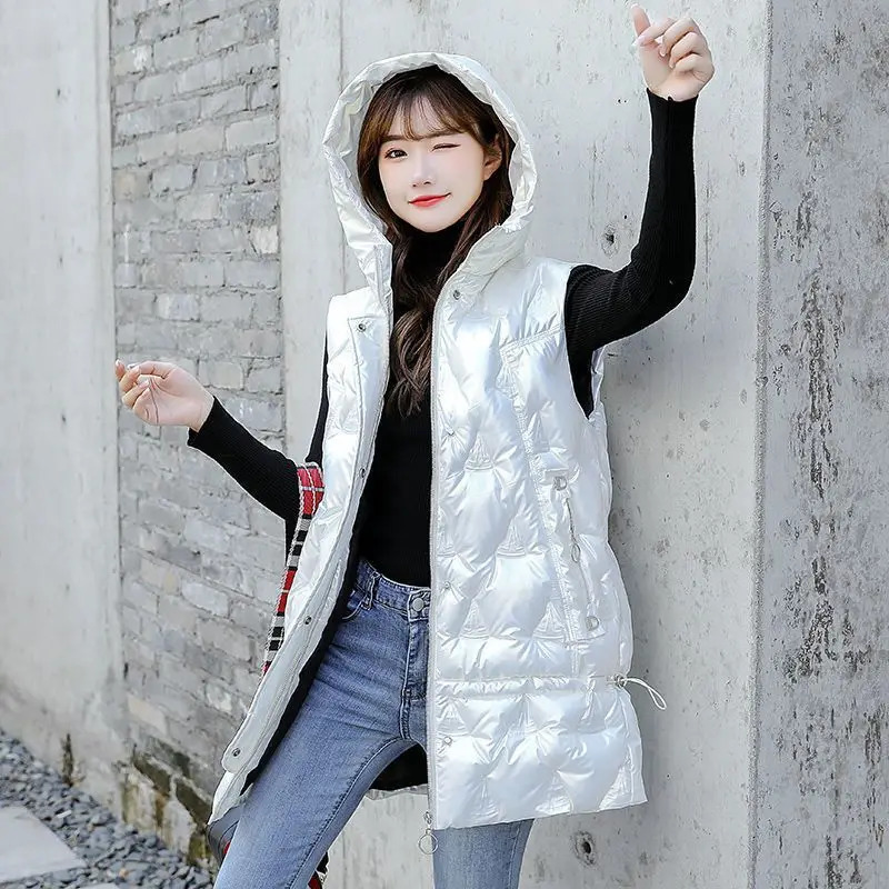 Winter Vest Glossy Down Cotton Parkas Vest Jacket Women Mid-length Leisure Hooded Sleeveless Waistcoat Female Warm Coat 250804