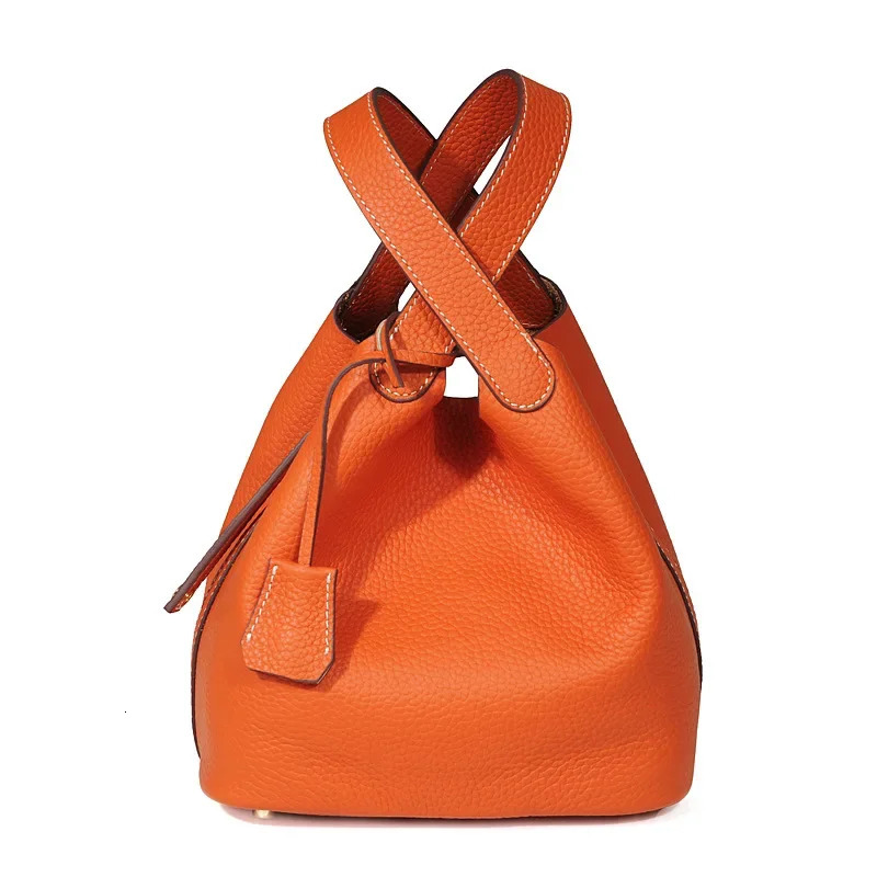 Trendy Genuine Cow Leather Lunch Bag 2024 Imported Bucket Bag Food Basket Picnic Handbag Soft Top-handle 250804