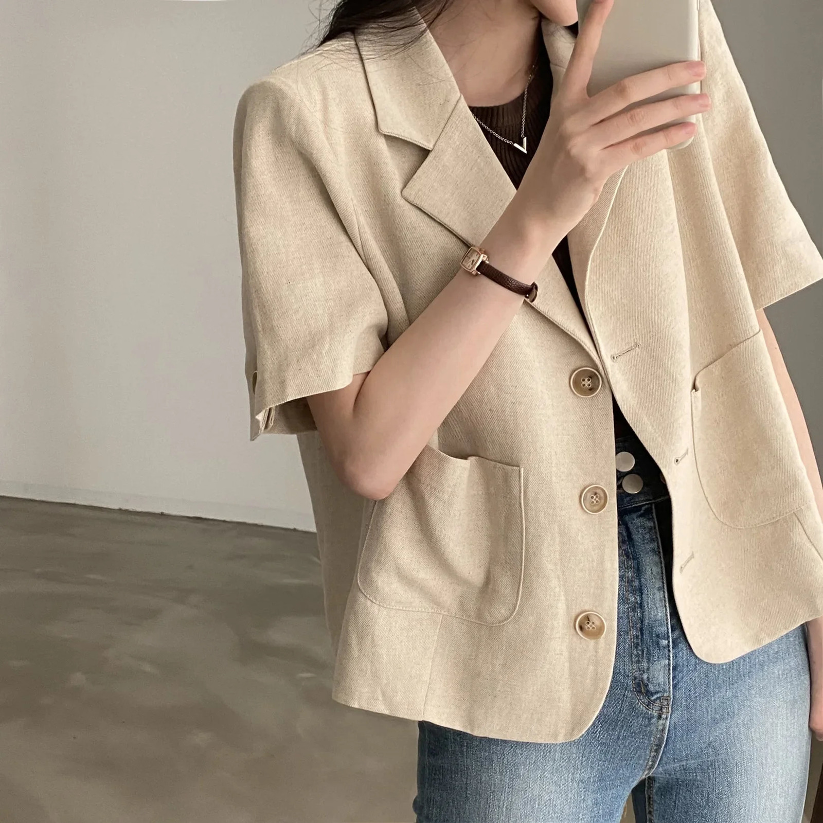 Korean Chic Summer Of The Season Vintage Collar ThreeButton Loose Casual Short Sleeve Linen Suit Jacket Womens Fashio 250807
