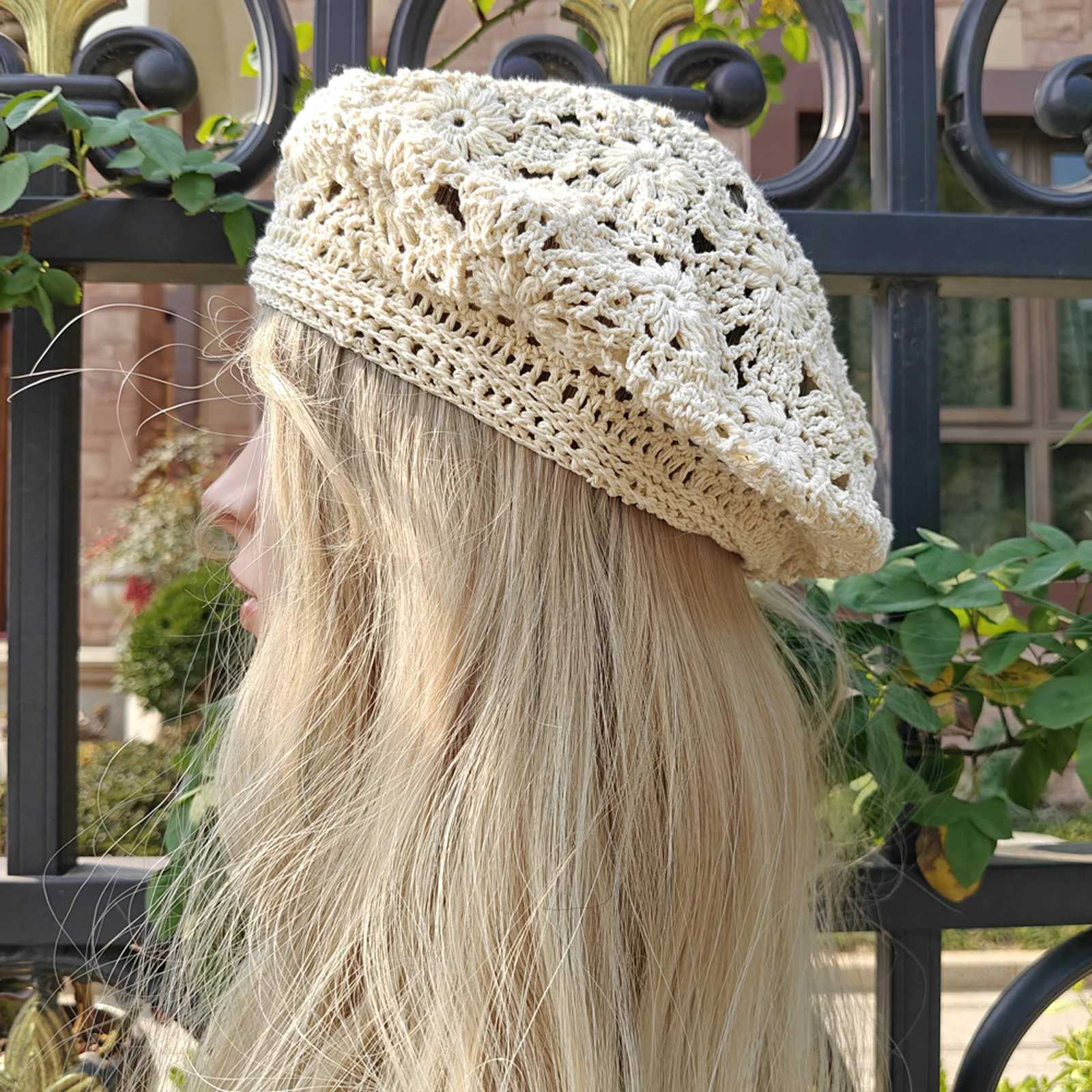 Elegant Hollowed Flower Crochet Knit Beret Hat Women Boho Ethnic Painters C Artist Hat for Summer Fall Holiday Beige Berets XJ250807