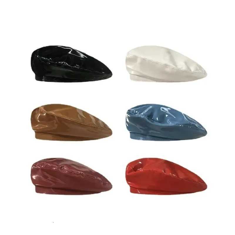 Mirror PU Leather Beret Cs Korean Pu Bright Leather Men Women Beret Hat Unisex Beanies Retro Patent Hats XJ250807