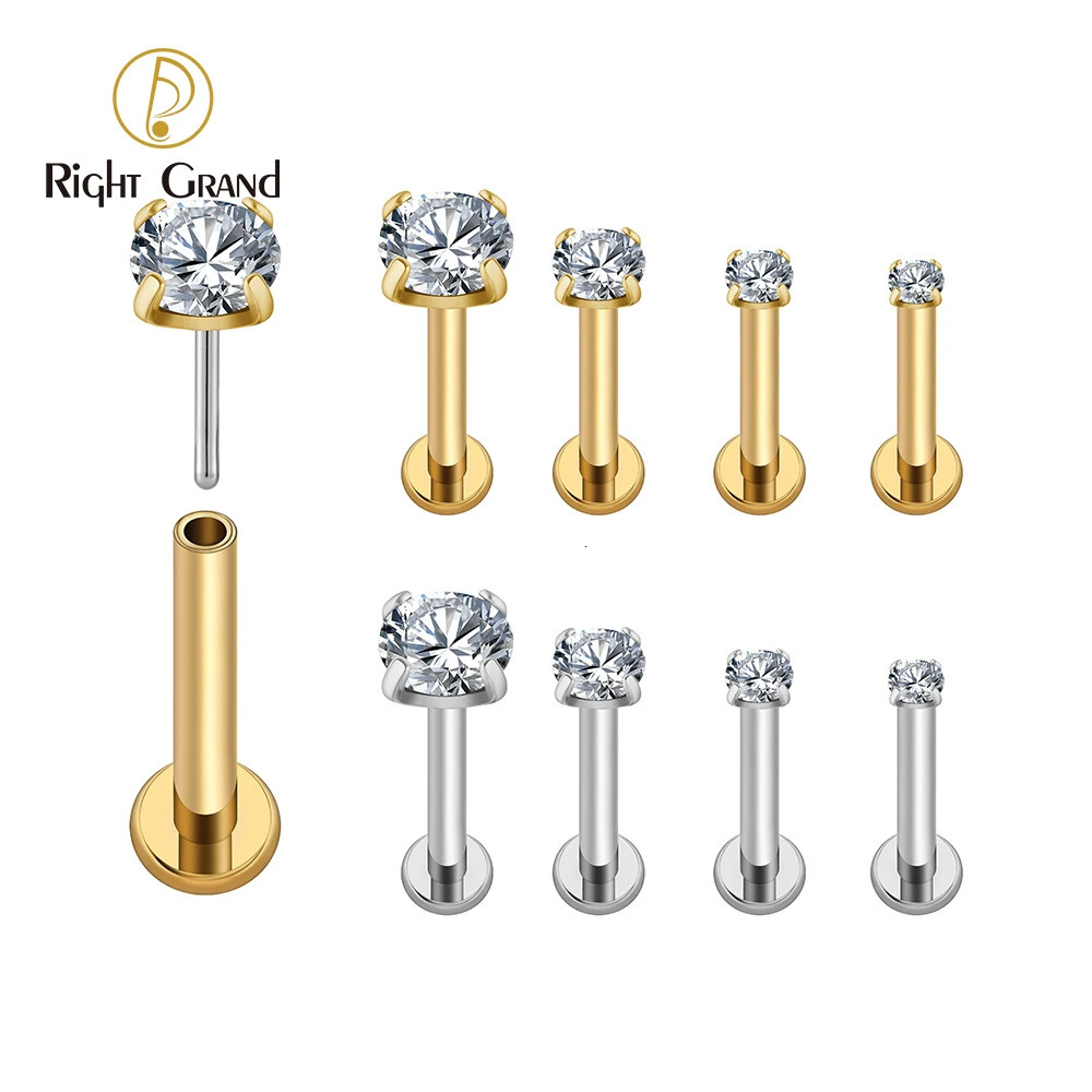 Right Grand ASTM 36 18G/16G Threadless Push Pin Labret Stud CZ Cartilage Earring Helix Tragus Nose Stud Piercing 250805